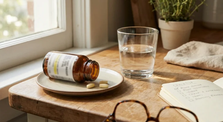 A B-complex supplement bottle and pills on a kitchen counter beside reading glasses and a checklist — the everyday objects behind vitamin B6 toxicity neuropathy.