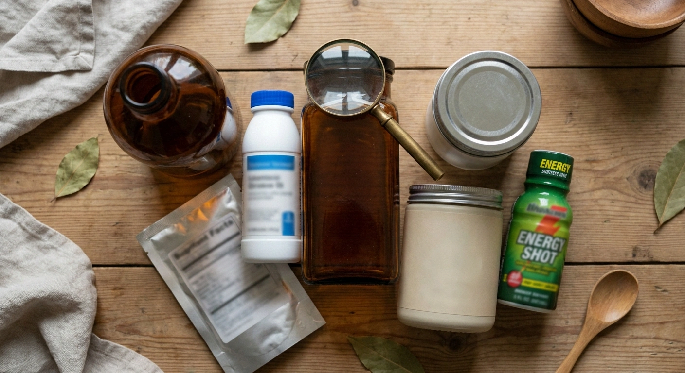 Several supplement and fortified product bottles clustered on a table with a magnifying glass — visualizing the hidden sources of vitamin B6.