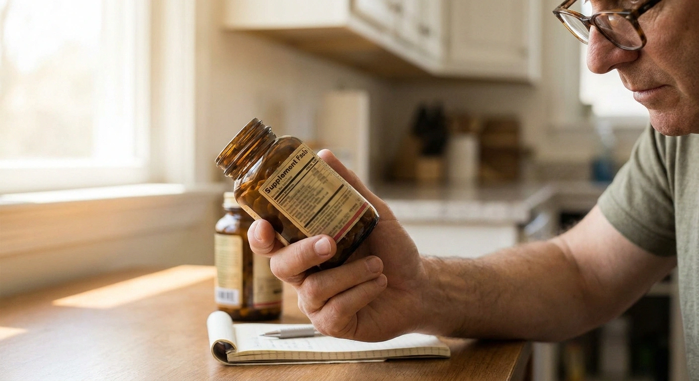 A person reads the supplement-facts label of a vitamin bottle with reading glasses on — the moment of auditing total daily B6 intake.