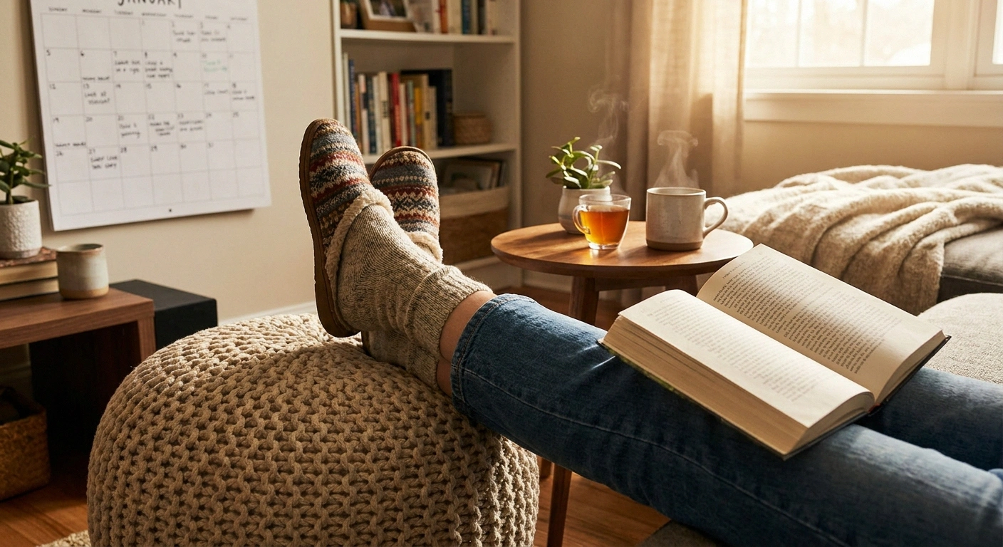 A person at home with feet propped up and a cup of tea, settling into the months-long patience of nerve recovery after stopping vitamin B6.