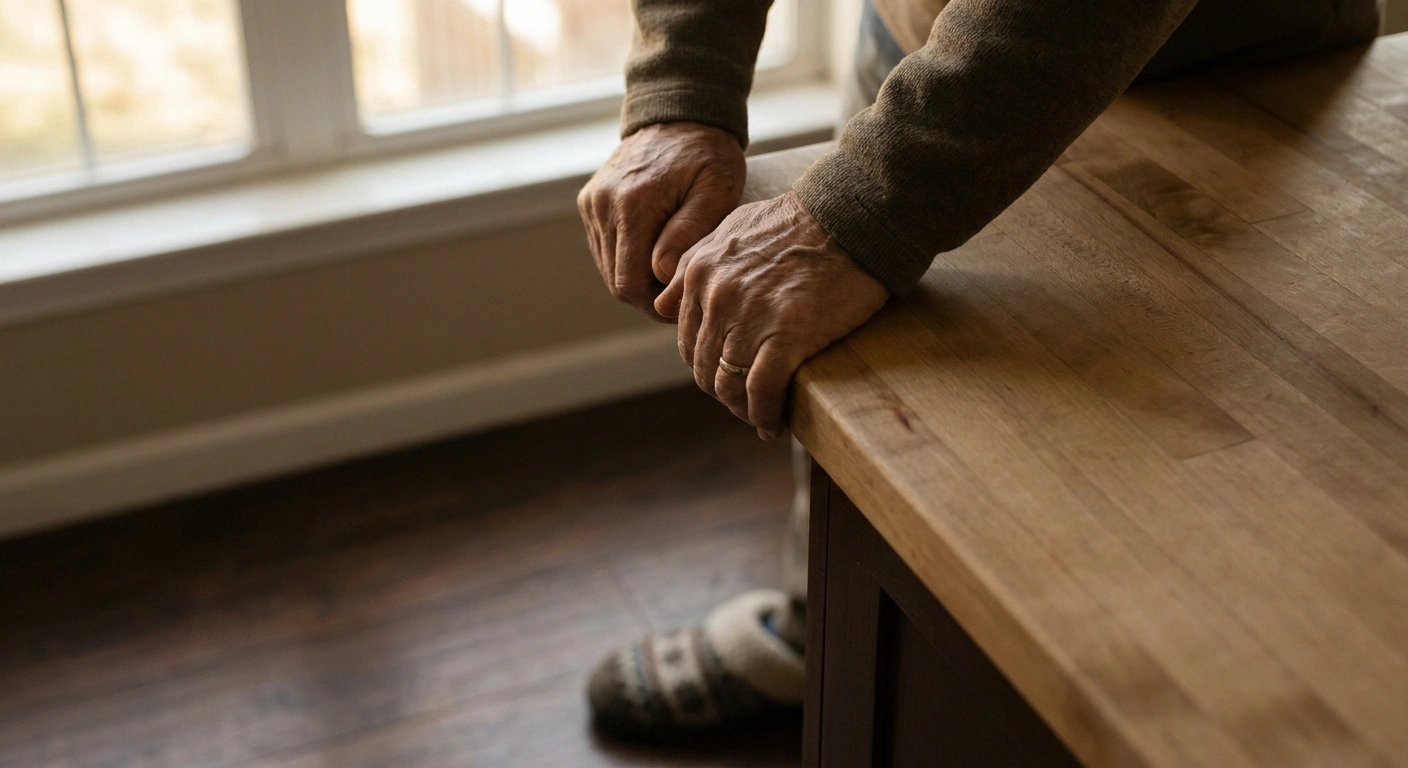 A person steadies themselves against a kitchen counter while standing — visualizing the sensory ataxia of vitamin B6 toxicity neuropathy.