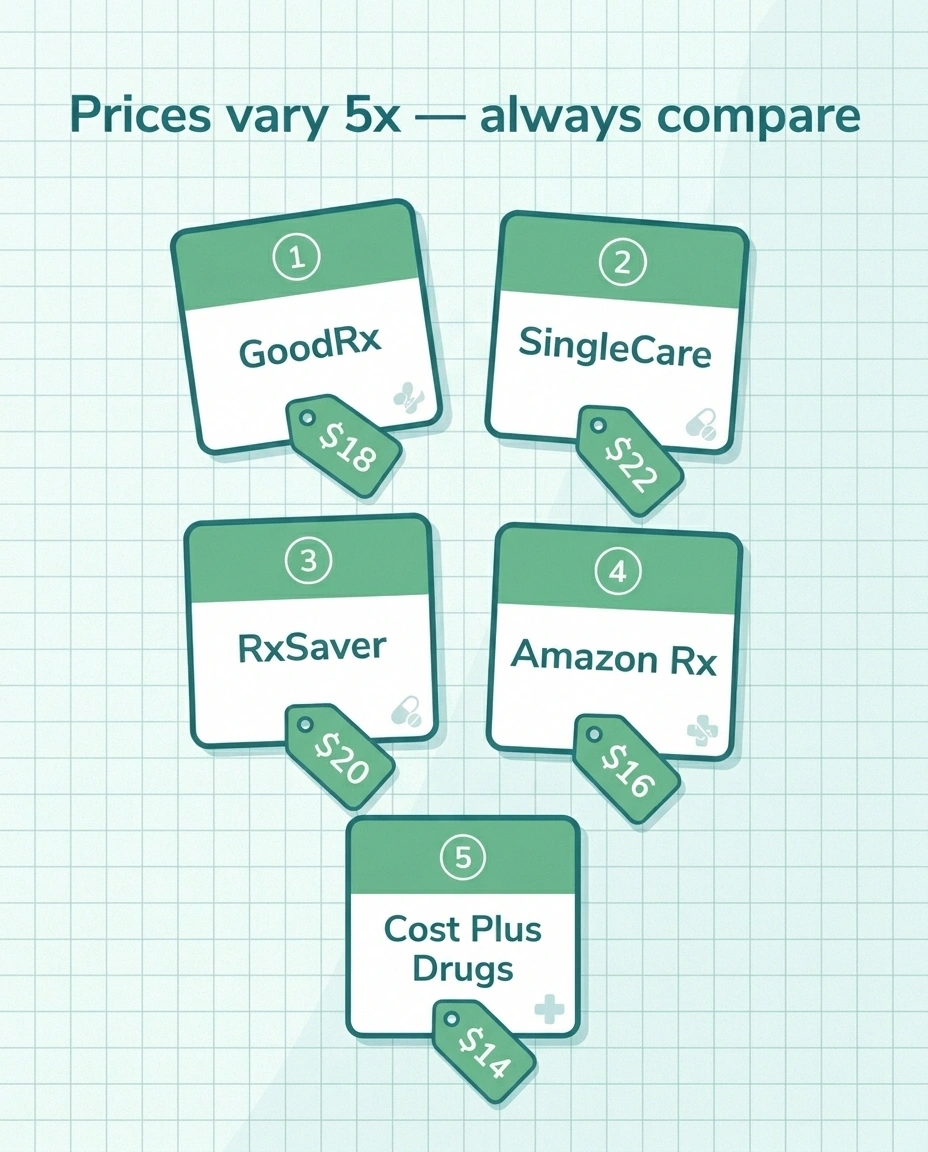 Infographic comparing five prescription discount cards with sample prices showing meaningful variation.