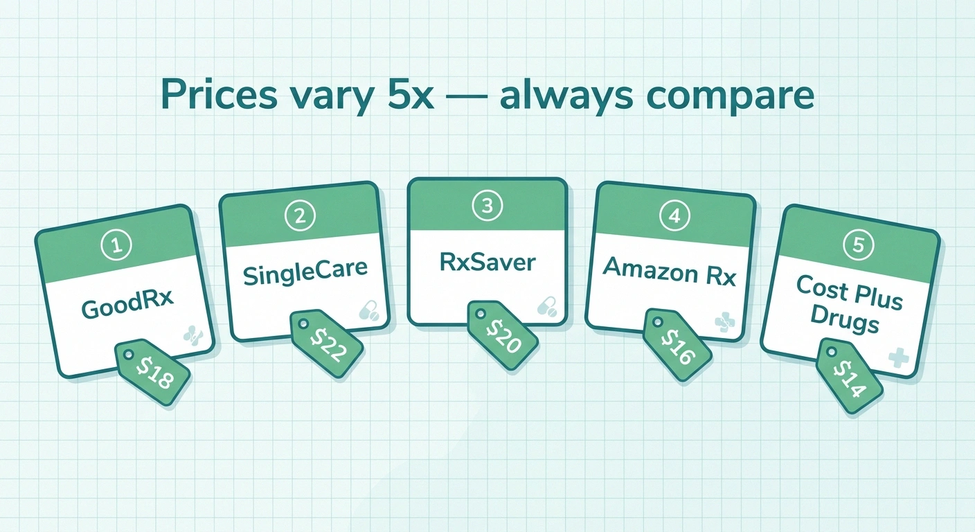 Infographic comparing five prescription discount cards with sample prices showing meaningful variation.