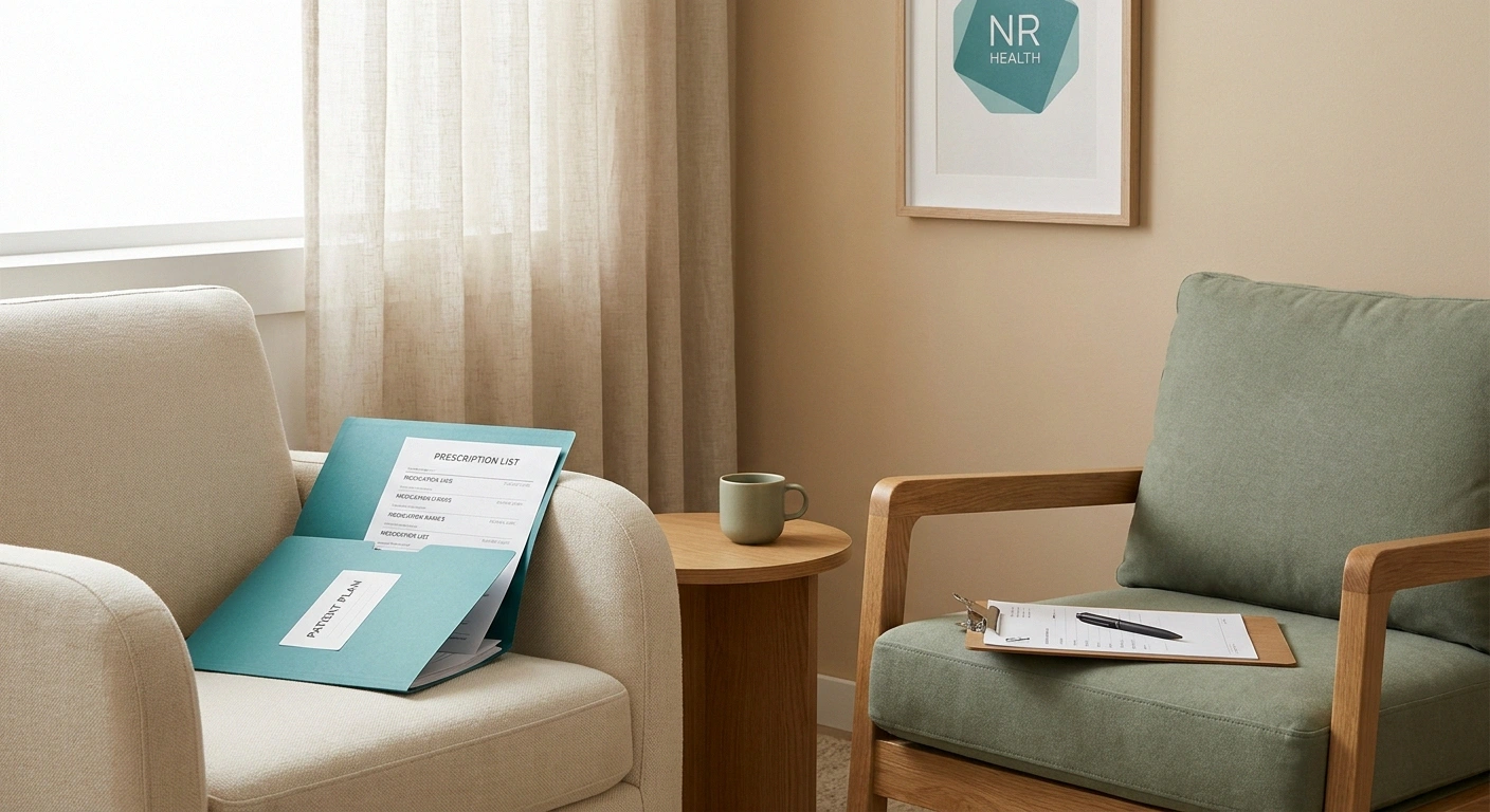Two empty consultation chairs angled toward each other with a printed prescription list and clipboard, suggesting an honest doctor-patient cost conversation.