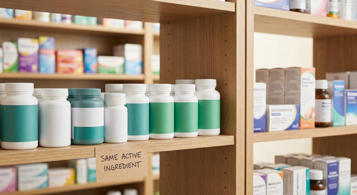 Pharmacy shelves showing generic prescription bottles in front of brand-name bottles with a sign reading
