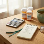 Generic prescription bottles, calculator, and handwritten budget notes on a kitchen table — patient-advocate context for affordable neuropathy medication.