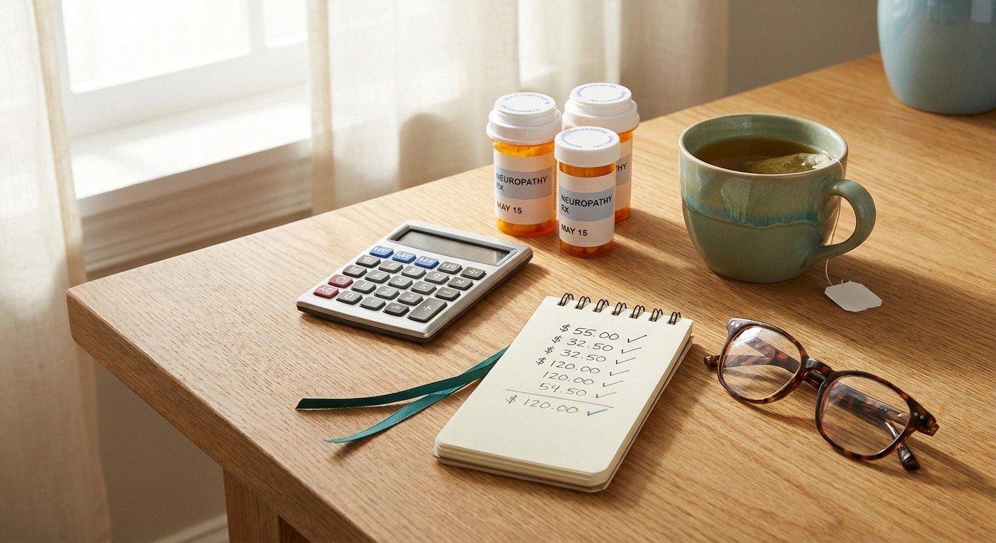 Generic prescription bottles, calculator, and handwritten budget notes on a kitchen table — patient-advocate context for affordable neuropathy medication.