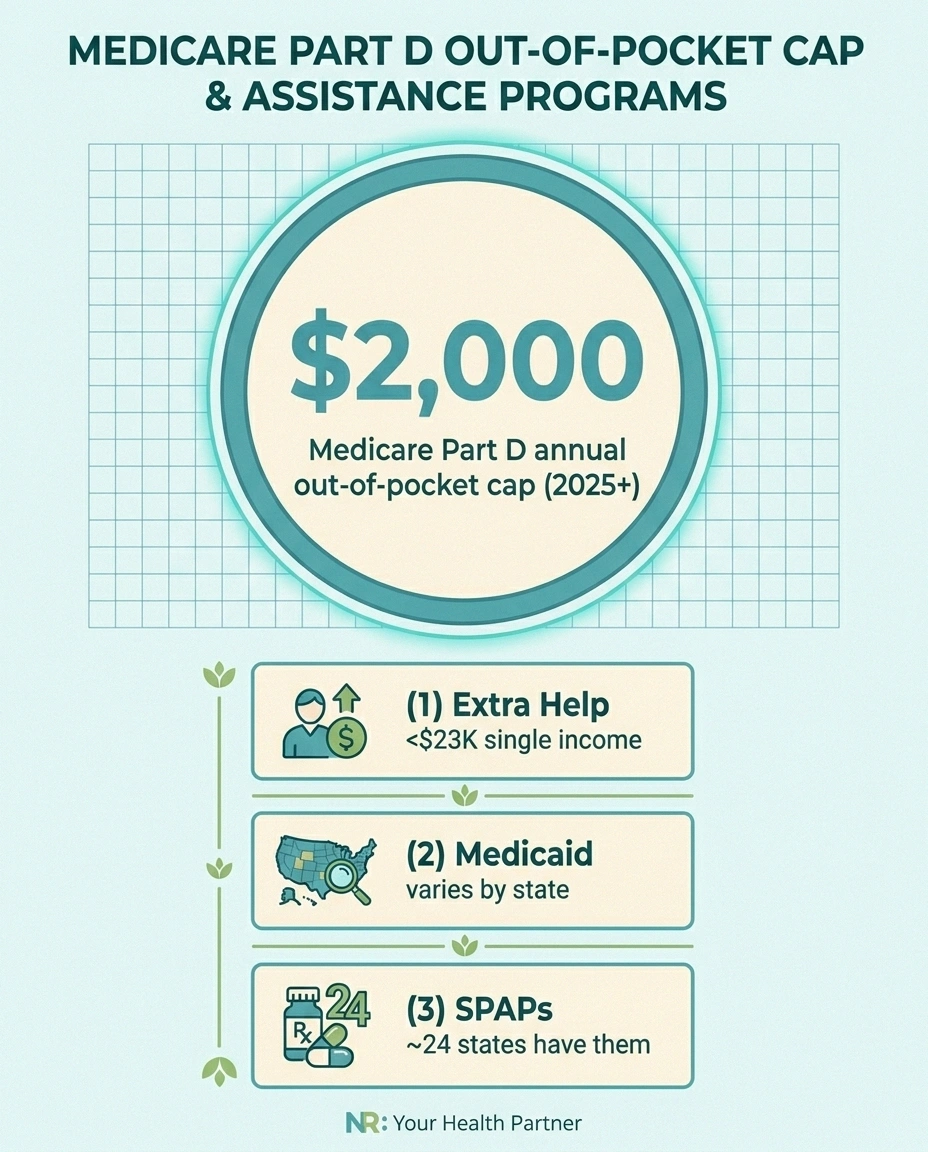 Infographic showing the $2,000 Medicare Part D annual out-of-pocket cap and three related assistance program facts.
