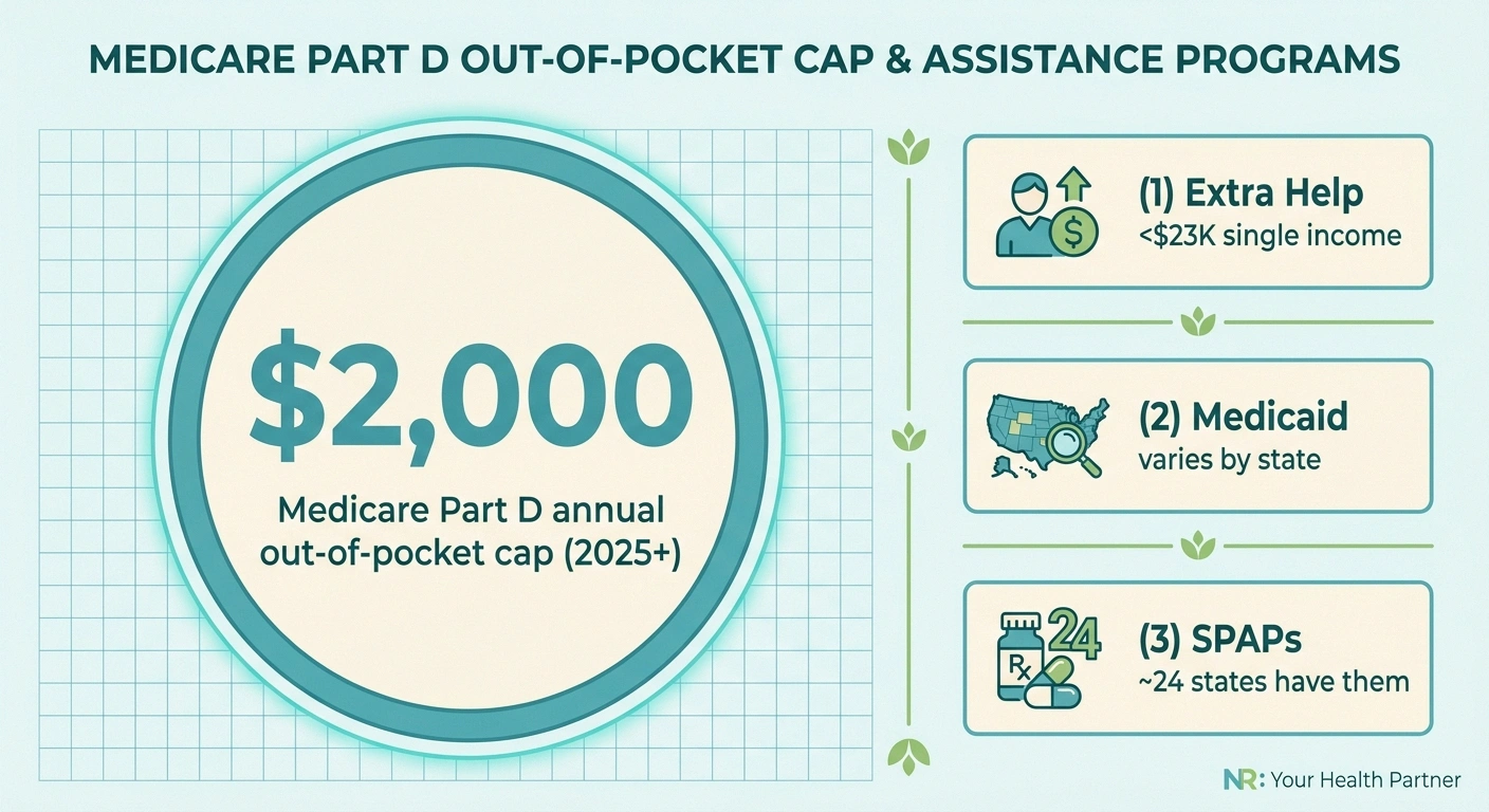 Infographic showing the $2,000 Medicare Part D annual out-of-pocket cap and three related assistance program facts.