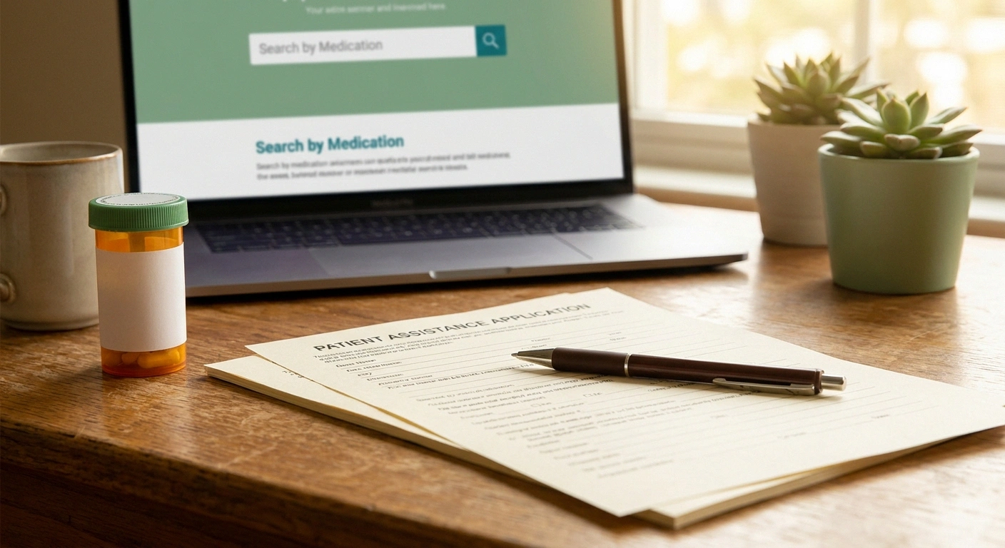 A patient-assistance program application form, pen, prescription bottle, and laptop screen showing a medication search field.