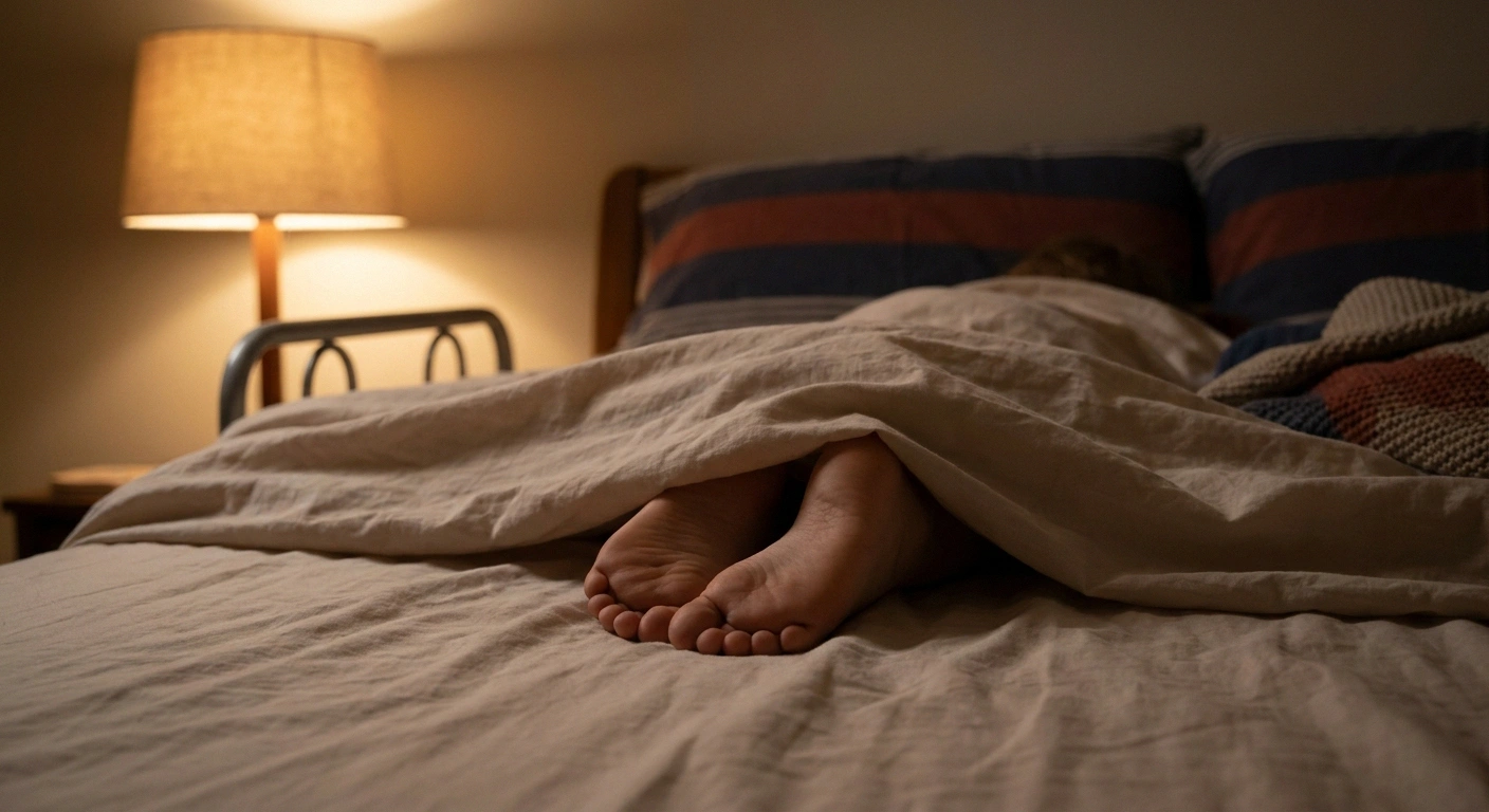 Feet on a bed with a light cotton bedsheet brushing the toes, illustrating mechanical allodynia where touch triggers pain.
