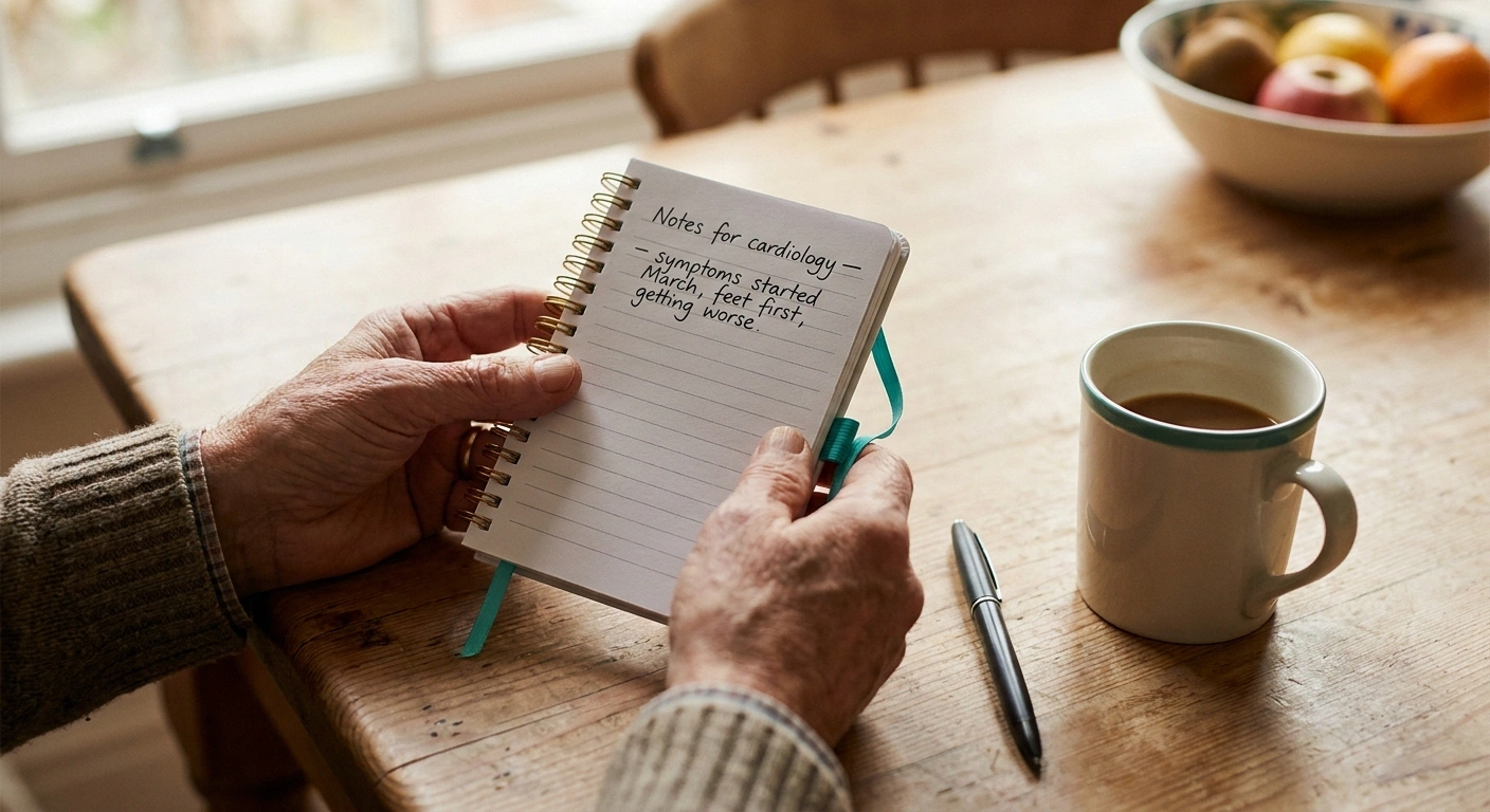 Older adult's hands holding a prepared notes page of neuropathy symptoms to discuss at the next cardiology visit