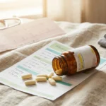 Amiodarone pill bottle and tablets beside a heart-rhythm strip and stethoscope on warm linen