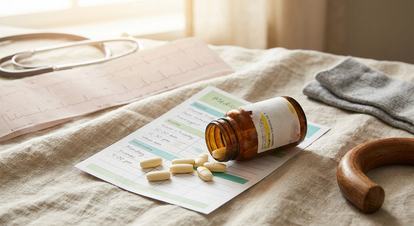 Amiodarone pill bottle and tablets beside a heart-rhythm strip and stethoscope on warm linen