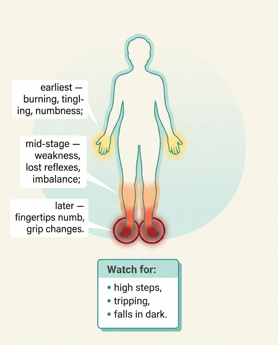 Full-body diagram showing length-dependent pattern of amiodarone neuropathy from toes upward to hands