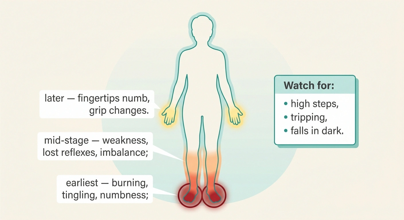 Full-body diagram showing length-dependent pattern of amiodarone neuropathy from toes upward to hands