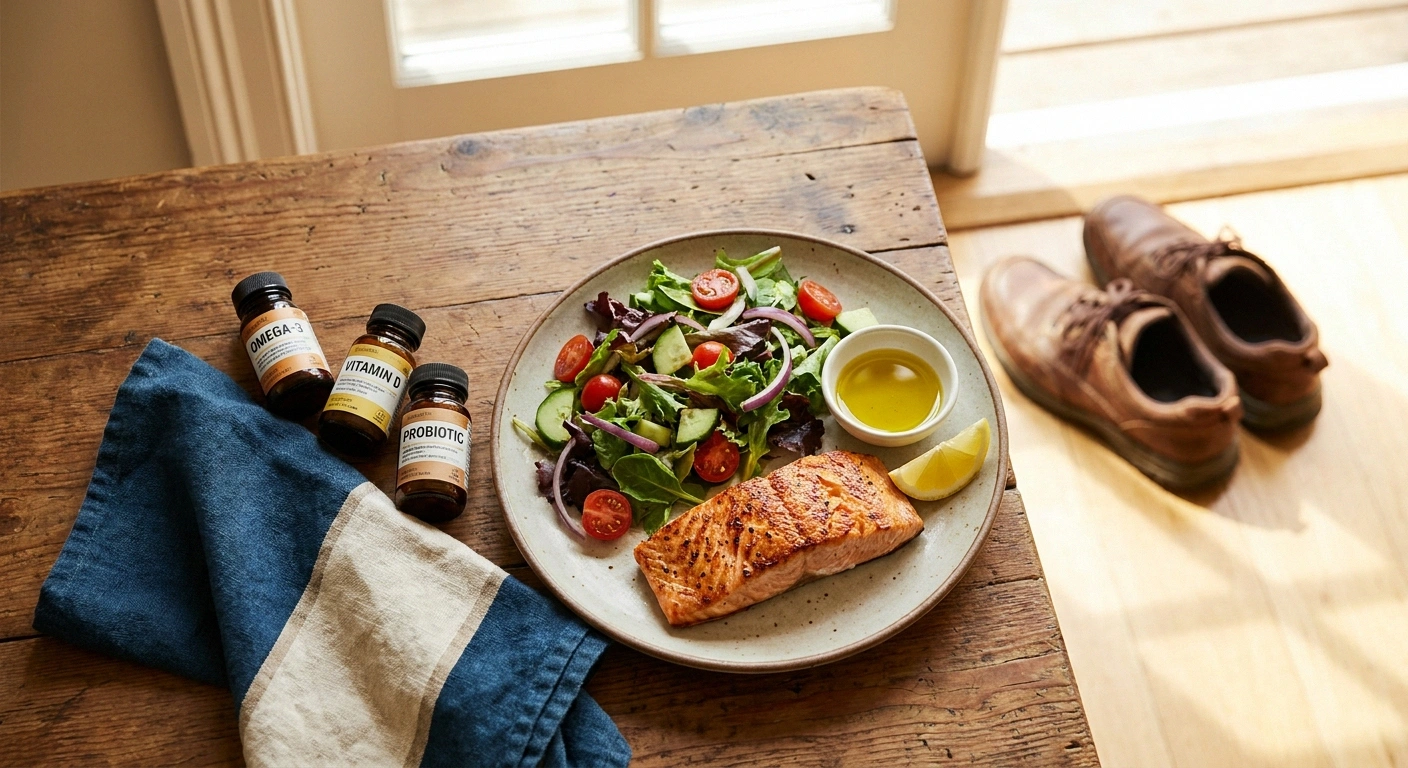 Mediterranean-style plate of salmon and colorful vegetables on a wooden table beside supplement bottles and walking shoes — illustrating an integrated nerve-protection plan.