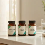 Three amber supplement bottles labeled alpha-lipoic acid, NAC, and CoQ10 arranged neatly on a kitchen counter beside a glass of water and a tracking notebook.