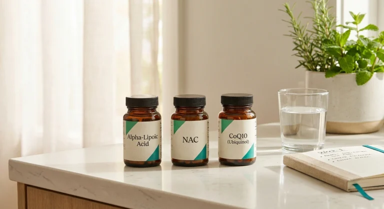 Three amber supplement bottles labeled alpha-lipoic acid, NAC, and CoQ10 arranged neatly on a kitchen counter beside a glass of water and a tracking notebook.
