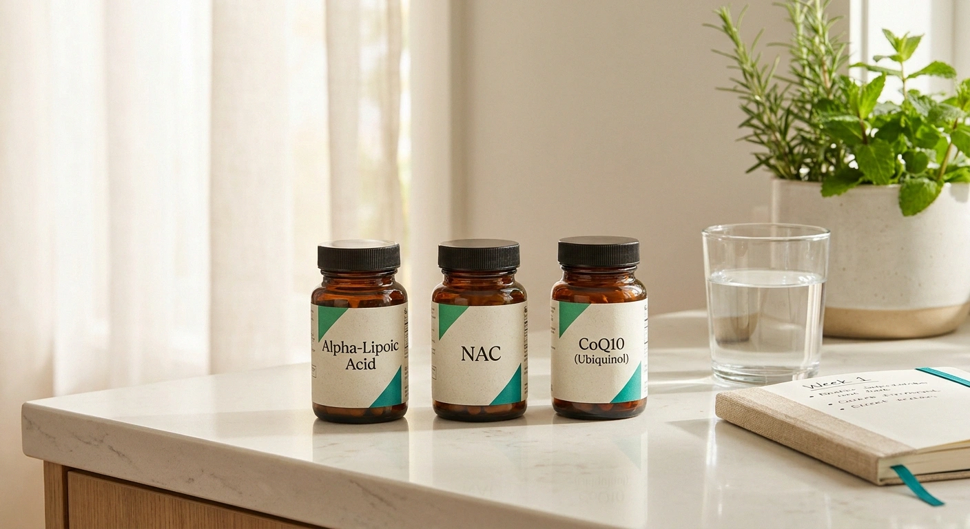 Three amber supplement bottles labeled alpha-lipoic acid, NAC, and CoQ10 arranged neatly on a kitchen counter beside a glass of water and a tracking notebook.