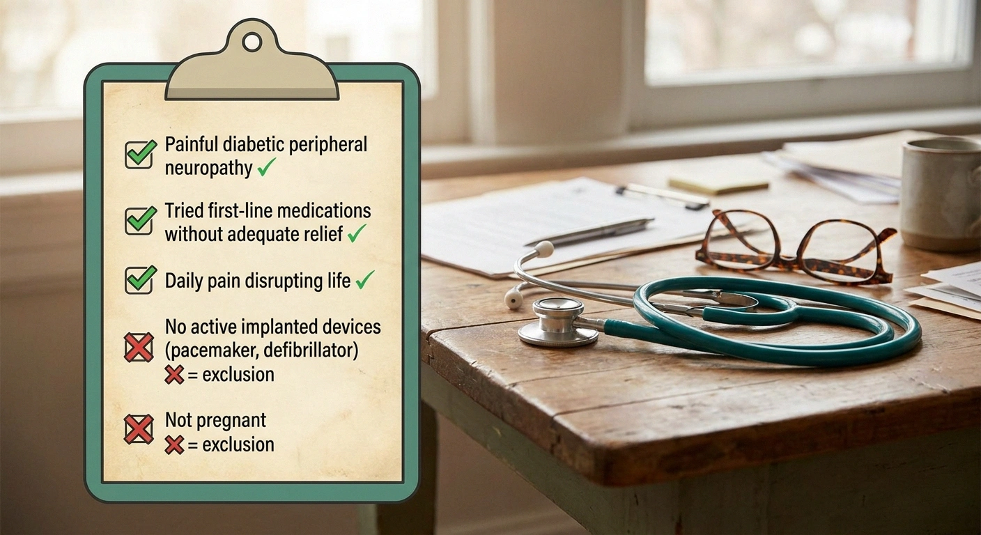 Clipboard checklist showing candidate criteria for Axon Therapy magnetic nerve stimulation.