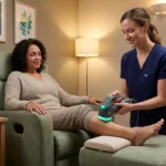 Patient receives non-invasive Axon Therapy magnetic nerve stimulation on her lower leg in a calm clinical setting.