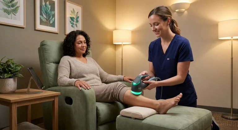 Patient receives non-invasive Axon Therapy magnetic nerve stimulation on her lower leg in a calm clinical setting.