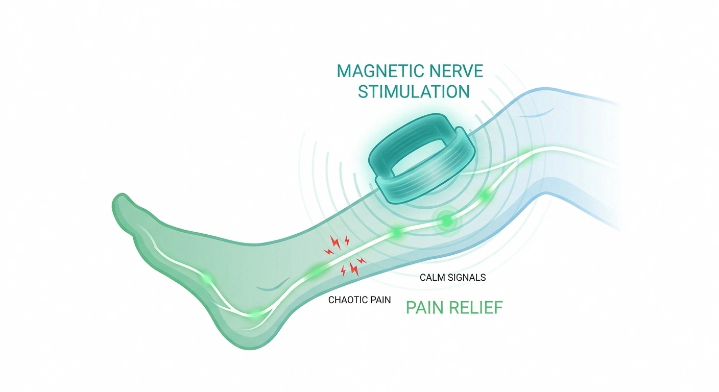 Illustration showing how Axon Therapy magnetic pulses calm chaotic nerve pain signals in the lower leg.
