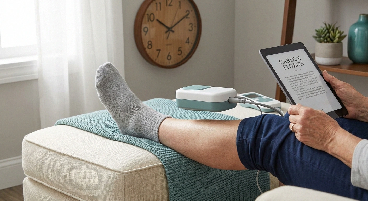 Patient reading during a 13-minute Axon Therapy magnetic nerve stimulation session in a clinic.