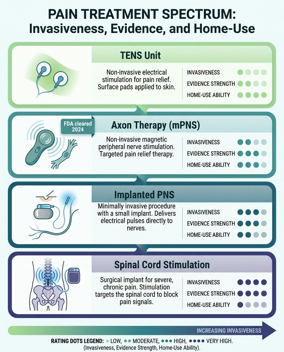 Infographic comparing TENS units, Axon Therapy, implanted PNS, and spinal cord stimulation by invasiveness.