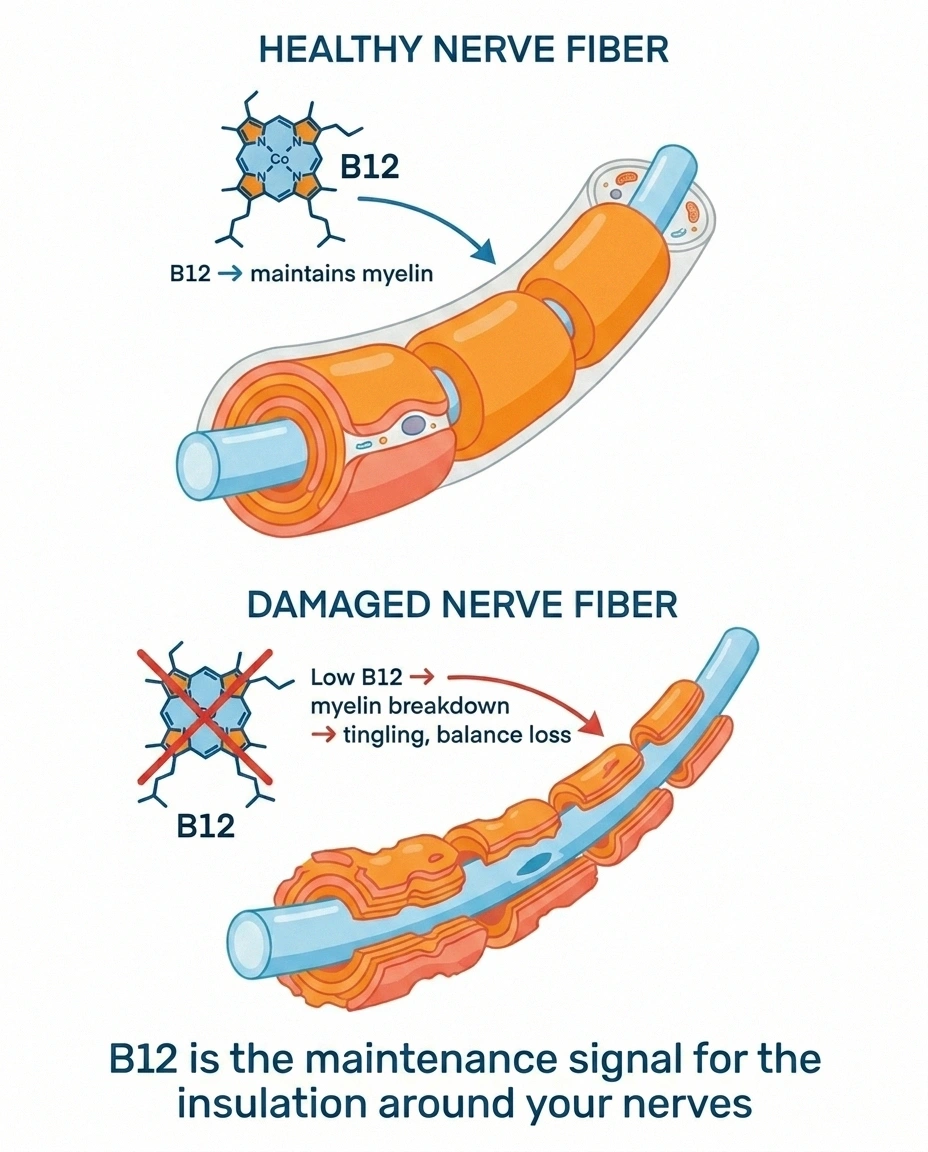 Diagram comparing a healthy nerve fiber with thick myelin sheath on the left to a damaged fiber with thinned myelin on the right showing how B12 deficiency degrades nerve insulation.
