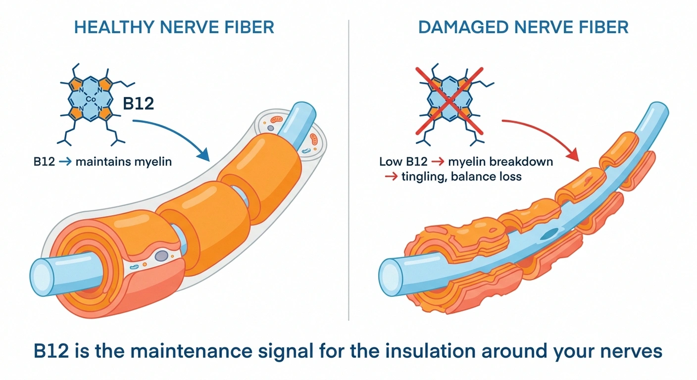 Diagram comparing a healthy nerve fiber with thick myelin sheath on the left to a damaged fiber with thinned myelin on the right showing how B12 deficiency degrades nerve insulation.