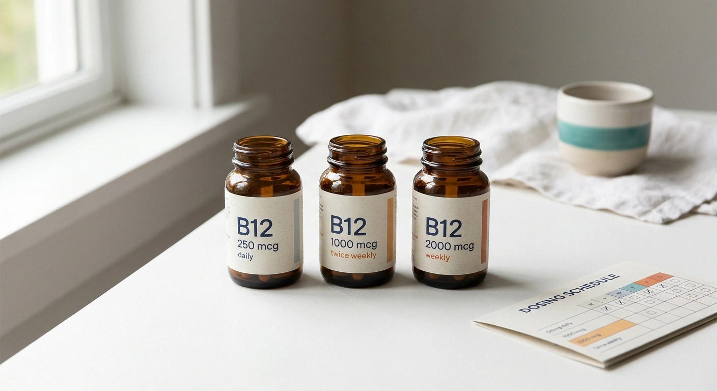 Three B12 supplement bottles on a clean white surface labeled with the daily 250 mcg twice-weekly 1000 mcg and weekly 2000 mcg dosing options for plant-based eaters.