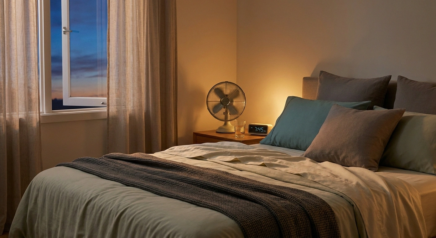 Bedroom at dusk with light bamboo sheets a small bedside fan aimed at the foot of the bed and a glass of water on the nightstand for cool summer sleep.