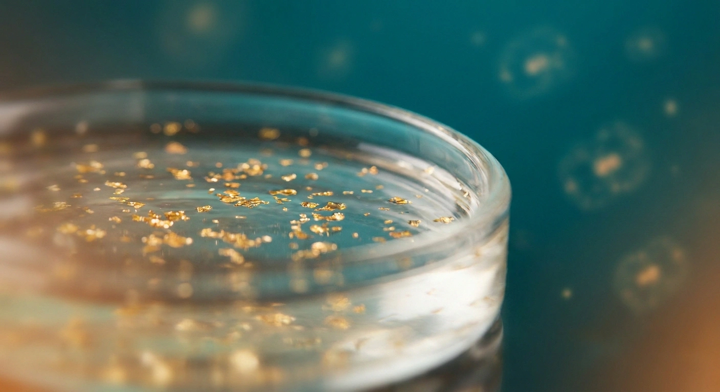 Macro view of golden berberine particles suspended in liquid suggesting cellular-level metabolic activity