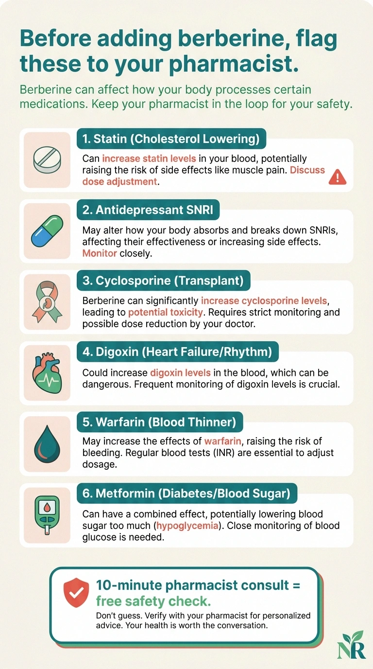 Infographic checklist of medication categories to flag with your pharmacist before starting berberine, including statins, SNRIs, warfarin, and metformin