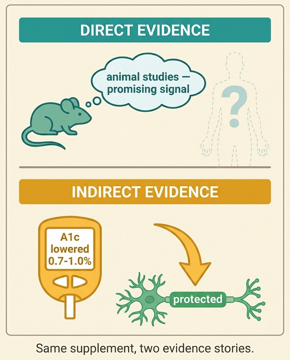 Infographic comparing berberine's direct nerve evidence (animal studies only) versus indirect evidence (proven blood sugar lowering)