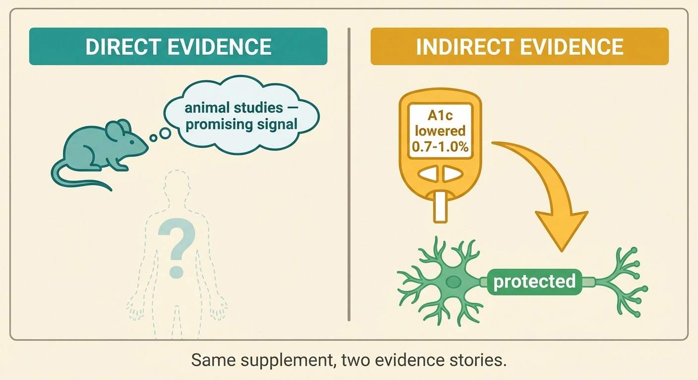 Infographic comparing berberine's direct nerve evidence (animal studies only) versus indirect evidence (proven blood sugar lowering)