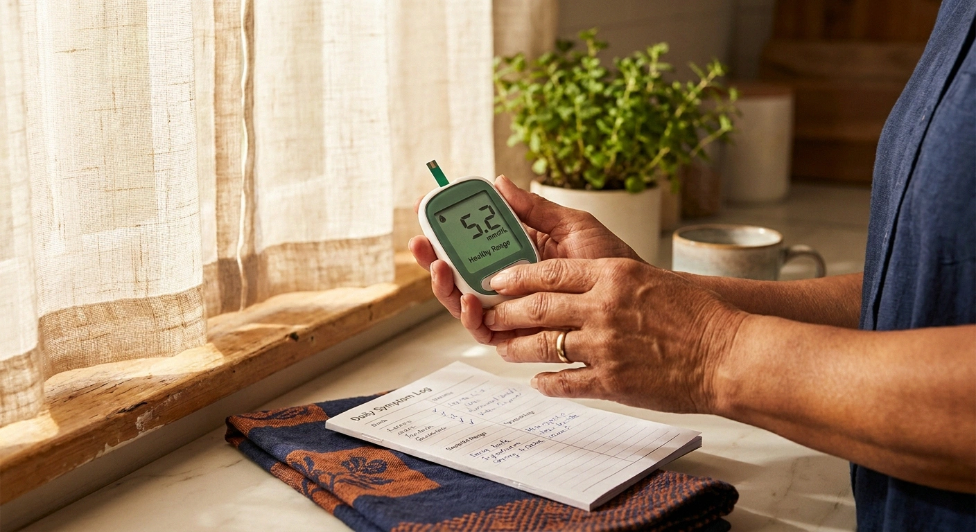 Close-up of an older woman's hand holding a glucose meter beside a symptom journal in soft window light