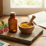 Bright yellow berberine powder in a wooden mortar beside a barberry sprig and amber supplement bottle on a sunlit kitchen counter