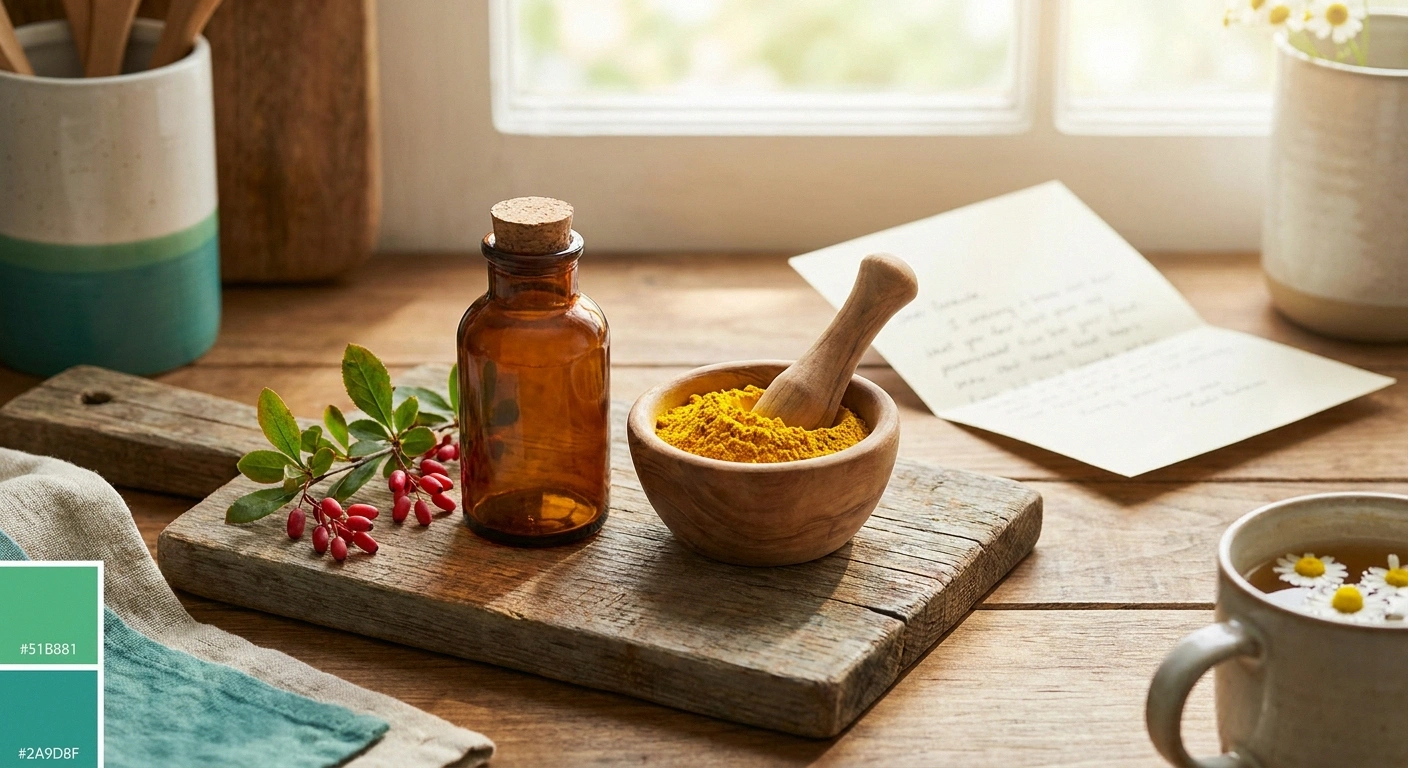Bright yellow berberine powder in a wooden mortar beside a barberry sprig and amber supplement bottle on a sunlit kitchen counter