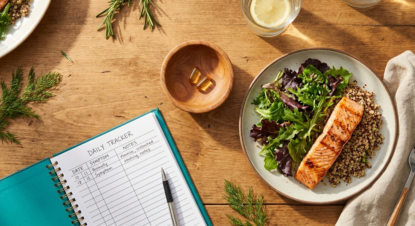 Overhead view of a healthy meal with two berberine capsules beside an open symptom-tracking notebook on a wooden kitchen table