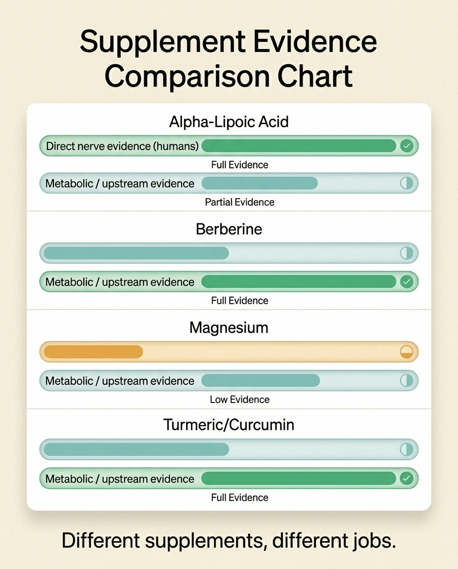 Comparison chart showing alpha-lipoic acid, berberine, magnesium, and turmeric ranked on direct nerve evidence and metabolic evidence