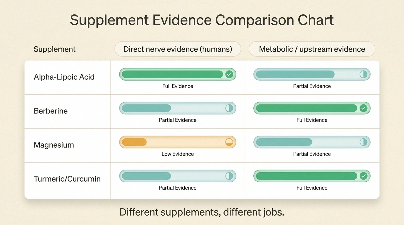 Comparison chart showing alpha-lipoic acid, berberine, magnesium, and turmeric ranked on direct nerve evidence and metabolic evidence