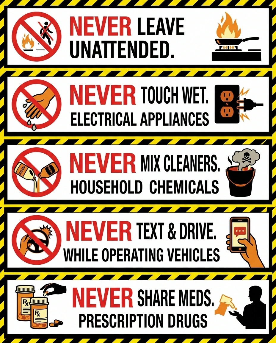 Five-panel safety infographic showing what never to use overnight for warming feet with neuropathy