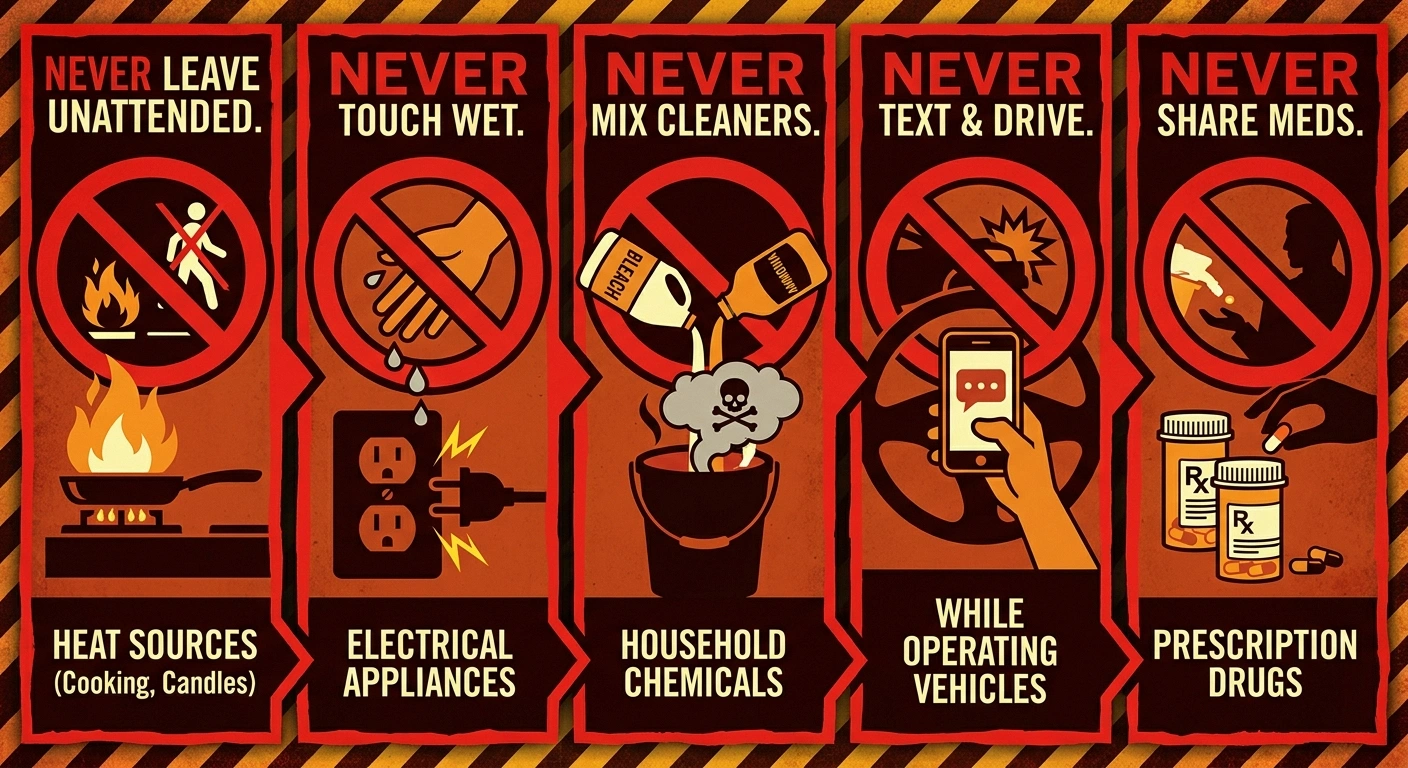 Five-panel safety infographic showing what never to use overnight for warming feet with neuropathy