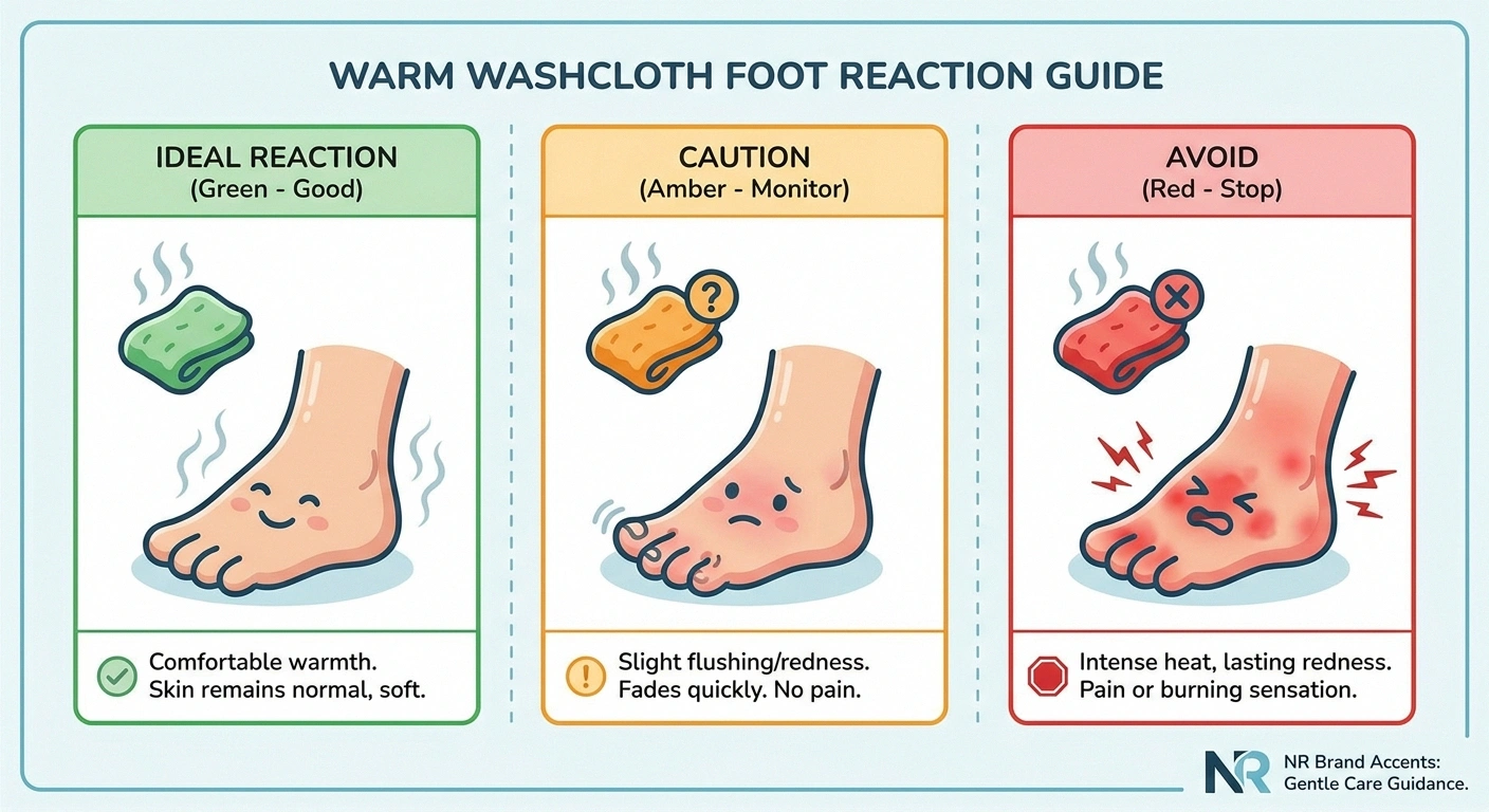 Three-column infographic showing the cold-sensitive, both, and heat-sensitive responses to a warm washcloth foot test