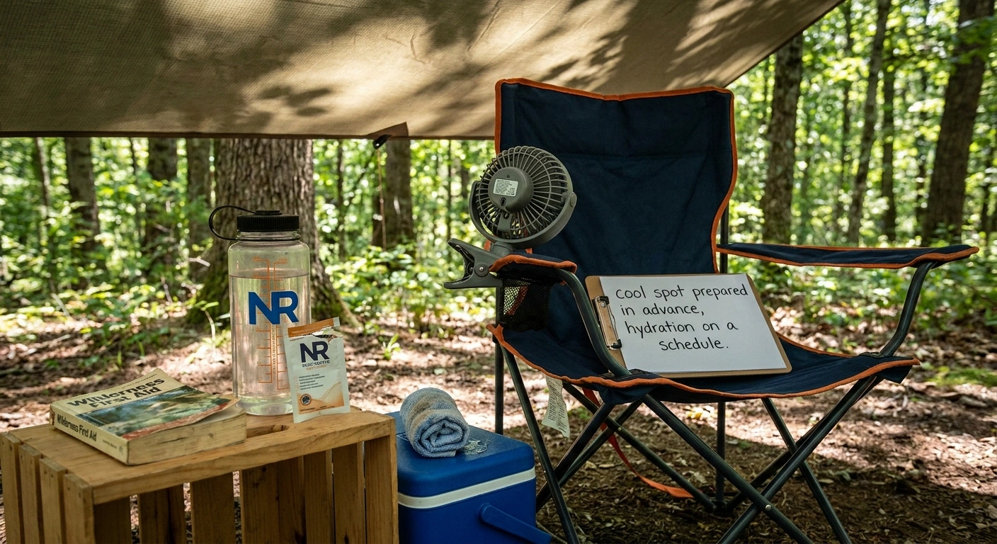 Shaded camp area with a folding chair refillable water bottle electrolyte powder damp washcloth in a cooler and a battery fan set up as a hydration and cool-down station for hot-weather camping with neuropathy.