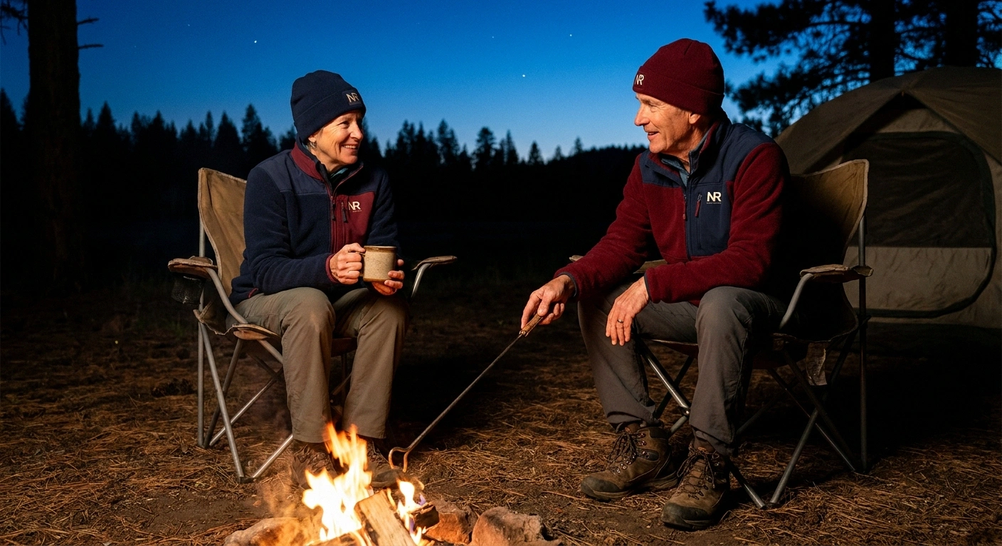 Older couple sitting in camp chairs at a safe distance from a small evening campfire both wearing closed-toe shoes one holding a long fire fork showing campfire safety practices for neuropathy.