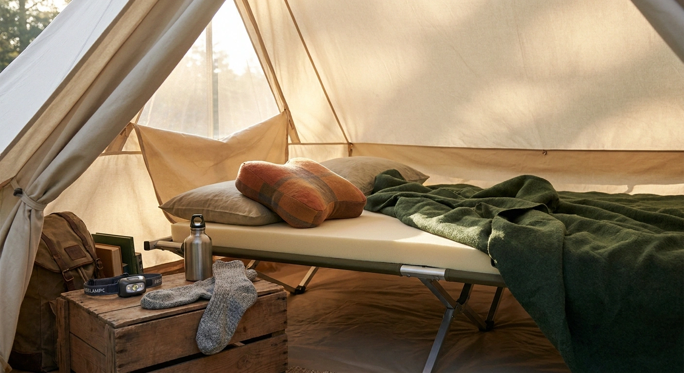 Inside a small camper or tent showing a camping cot with thick foam topper multiple pillows wool sleep socks headlamp and water bottle arranged for comfortable nighttime camping with neuropathy.